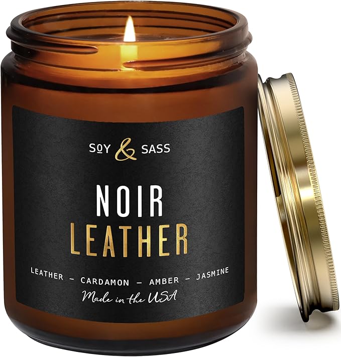 Noir Leather Candle I Scented Black Candles for Men or Women - Leather, Cardamon & Jasmine Soy Wax Mens Candle - Essential Oil Infused I Gifts for Men I Long 50Hr Burn, 9oz I Made in USA