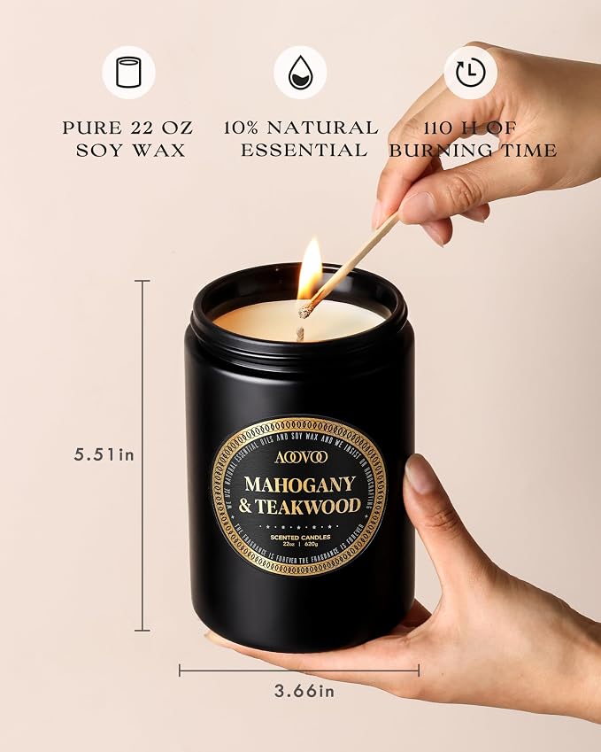 AOOVOO 22oz Large Scented Candles for Men - Mahogany & Teakwood Candles for Home Scented | Soy Candle | Strong Fragranced Masculine Black Candle Gift for Women & Men