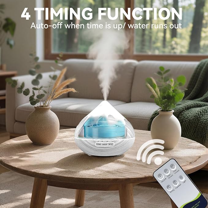 500ML Essential Oil Diffuser, Large Aromatherapy Diffuser with Remote Control, Air Diffusers for Home Office Room, Fragrance Humidifier with 7 Color LED & 2 Mist Mode, Glacier White