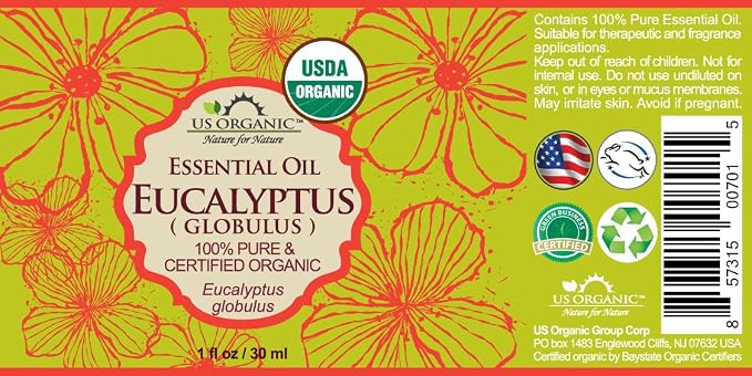 US Organic 100% Pure Eucalyptus Essential Oil (Globulus) - USDA Certified Organic, Steam Distilled - W/Euro droppers (More Size Variations Available) (30 ml / 1 fl oz)