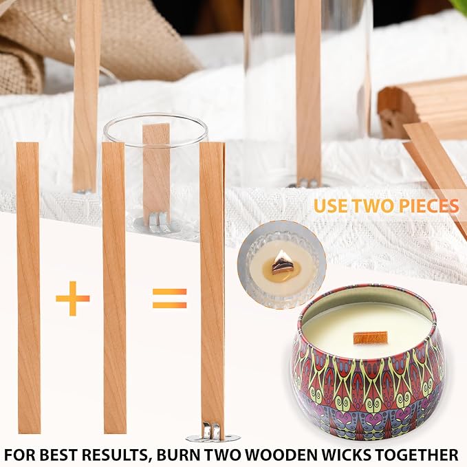 100 Pcs Cherry Wood Candle Wicks - Long-Lasting Flame, Stand & Glue Dot, DIY Candle Making Kit (Warning Label Included)