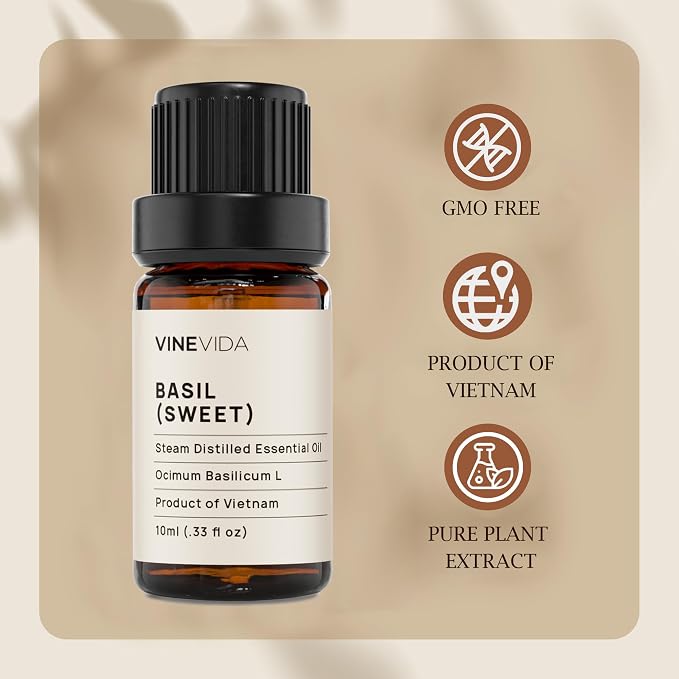 VINEVIDA Sweet Basil Essential Oil 10 mL - Undiluted Candle Oil Scent for DIY Candlemaking and Soap Making - Safe for Skin