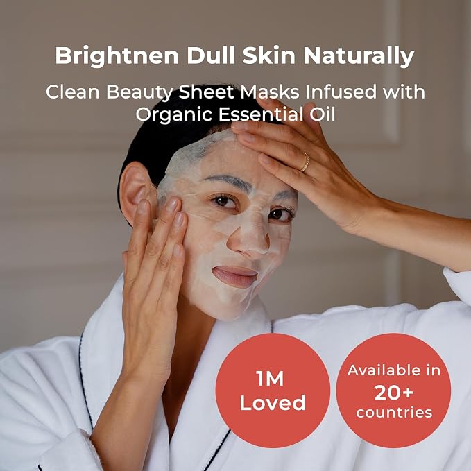 INNA ORGANIC Organic Sheet Mask - Brightening & Radiance, EWG & COSMOS Certified (Pack of 5) | Neroli Essential Oils Infused Skin Care | Luxury Clean Beauty