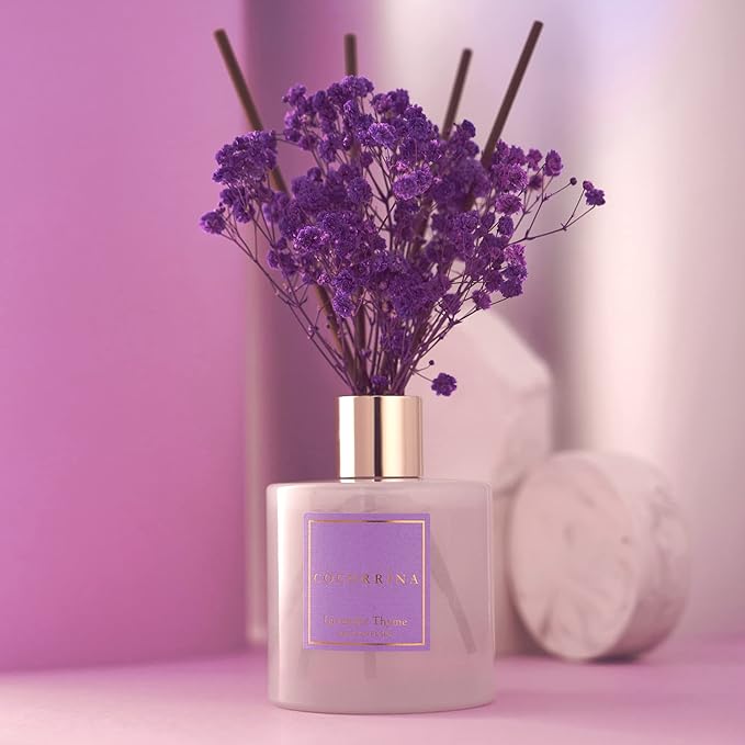 Cocorrína Premium Reed Diffuser Set with Preserved Baby's Breath & Cotton Stick Lavender Thyme | 6.76 Fl.oz Scent Diffuser for Bedroom Bathroom Home Décor