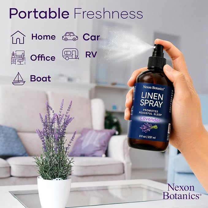 Lavender Linen Spray 8 fl oz - Refreshing Fabric Refresher & Pillow Spray for Bedding, Bed Sheets & Room - Soothing Room Mist - Nexon Botanics
