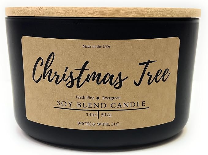 Wicks & Wine Soy Blend 3-Wick Cotton CORE Candle 14oz (Christmas Tree)