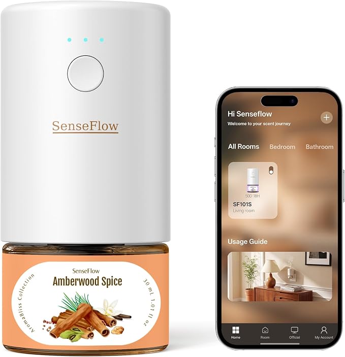 SF101S Pro Smart Plug in Air Freshener for Home, Waterless Essential Oil Diffuser, Aromatherapy Home Diffuser, 120-Day Natural Aroma Mist – Free 30ml Amberwood Spice (Burnt Sienna)