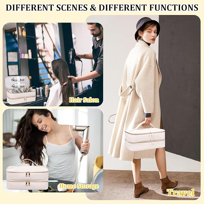 Travel Carrying Case for Shark Flex Style, Double Layer Storage Case for Shark SpeedStyle Hair Dryer Attachments, Waterproof PU Leather Organizer Bag for Shark Airwrap Styler (Dianthus White)