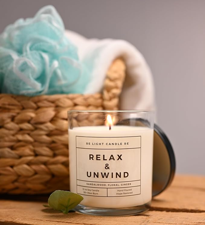 Sandalwood Candles | Purpose-Driven Soy Scented | Fragrance for Home | 8oz Long Lasting Scented | Non-Toxic | Aromatherapy | Gifts for Women | Be Light Candle RE (Relax & Unwind)