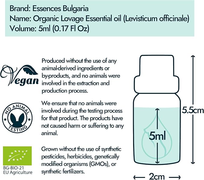 Essences Bulgaria Organic Lovage Essential Oil 1/6 Fl Oz | 5ml | Levisticum officinale | 100% Pure and Natural | Undiluted | Therapeutic Grade | Family Owned Farm | Steam-Distilled | Non-GMO | Vegan