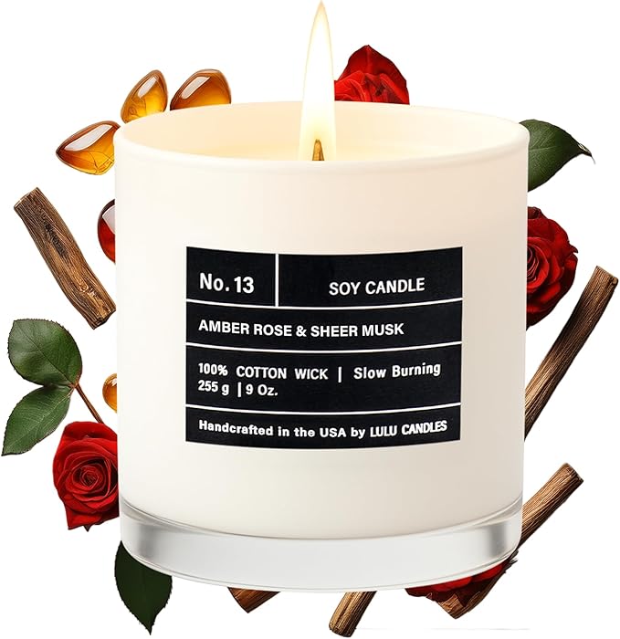 Lulu Candles | Amber, Rose & Sheer Musk II | Luxury Scented Soy Jar Candle | Hand Poured in The USA | Highly Scented & Long Lasting- 9 Oz.