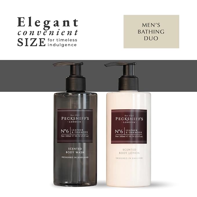 Pecksniffs Mens Bathing Duo Collection – Leather & Oakmoss Scented Body Wash and Body Lotion Gift Set, 2 x 250ml