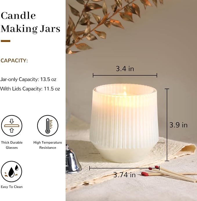 simeitol 13 OZ White Candle Jars for Making Candles - 6 Pack Ribbed Glass Candle Jars, with Bamboo Lids and Candle Wick Kit, Candle Making Jars Bulk for DIY