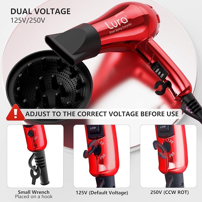 LURA Mini Portable Travel Hair Dryer:Dual Voltage Small Lightweight Blow Dryer with EU Plug,1200W Compact Hairdryer with Folding Handle,with Concentrator&Diffuser Attachment,for Women and Men(Red)