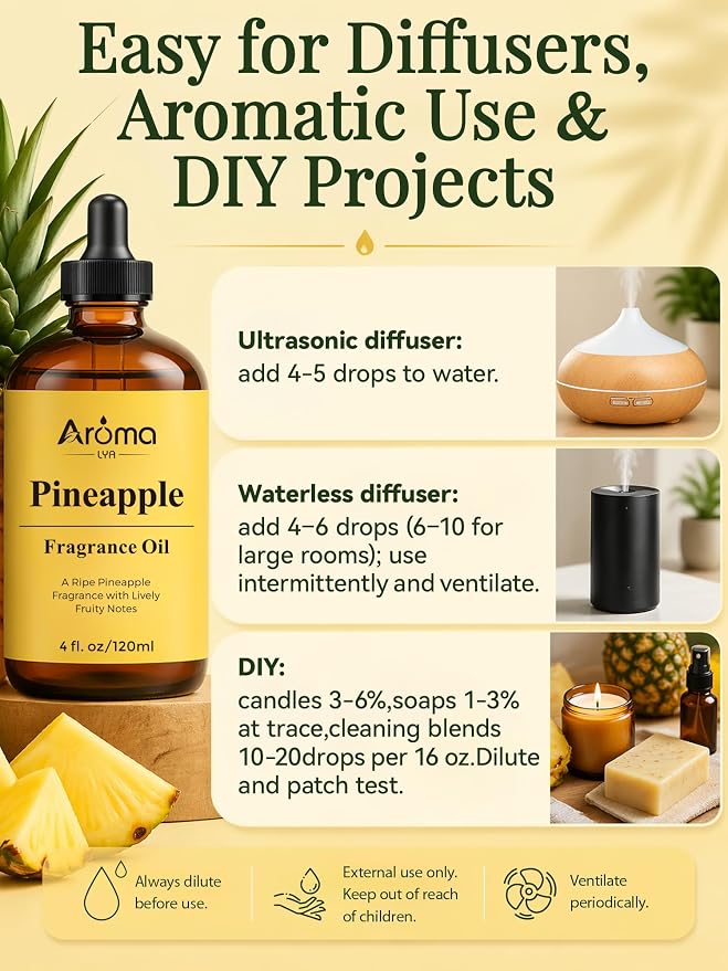 Pineapple Fragrance Oil is Designed for Diffuser use and Home scenting, Bringing a ripe Pineapple Aroma with Lively Fruity Notes into Your Space