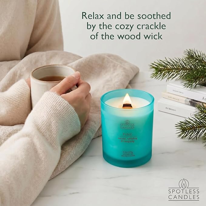 Pine Candle; 9.7 oz: 55 Hrs Burn Time, Soy Wax Teal Frosted Jar with Crackling Wooden Wick & Luxury Gift Box: Pine Scented Candle by Spotless Candles | Soy Wax, 55 Hrs Burn Time, Crackling Wooden Wick, Luxury Gift Box