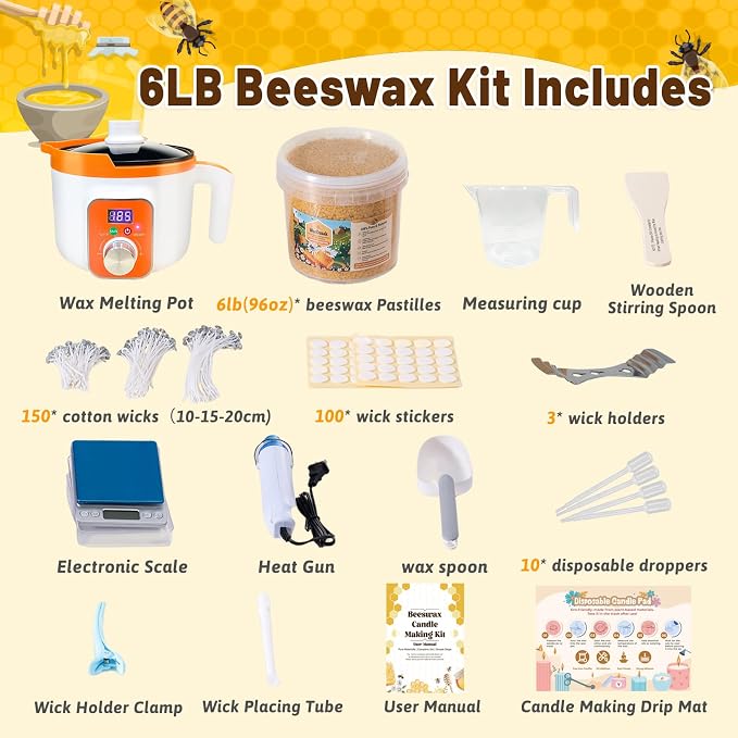 Beeswax Candle Making Kit, 6LB (96oz) 100% Organic Bees wax Pellets with Electric Wax Melter & Premium All-in-One Candle Making Supplies, Beeswax as Multipurpose Raw Material for Various DIY Crafts