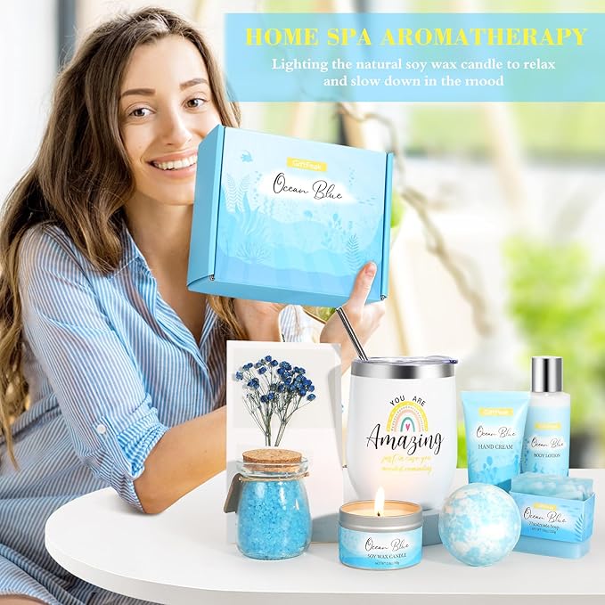 Birthday Gifts for Women, Ocean Scented Relaxing Spa Gift Baskets for Women Mom Her Wife Sister Friends Coworker Employee, Self Care Bath and Body Gift Set for Mothers Day Birthday Inspirational Gift