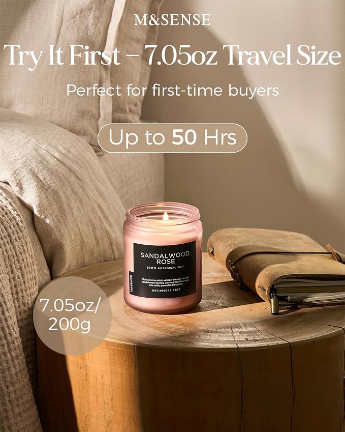 M&SENSE Sandalwood Rose Home Scented Candles, 7.05oz Natural Soy Wax, 50 Hours Slow Burning Romantic Smelling Scent for Women, Housewarming Gifts for Family Friends
