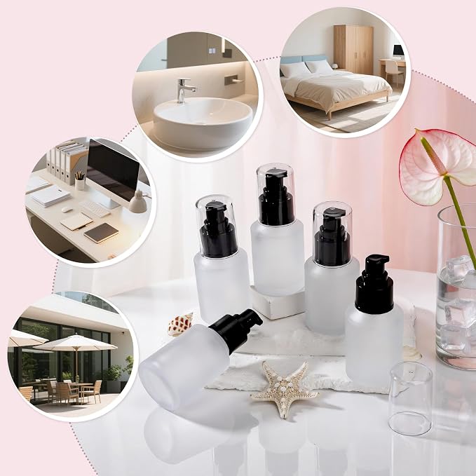 Segbeauty 2oz Frosted Glass Lotion Bottle for Travel, 5pcs Matte Translucent Empty Pump Bottle for Hair Oils, 60ml Travel Size Liquids Container, Refillable Cream Dispenser, Essential Oil Bottle