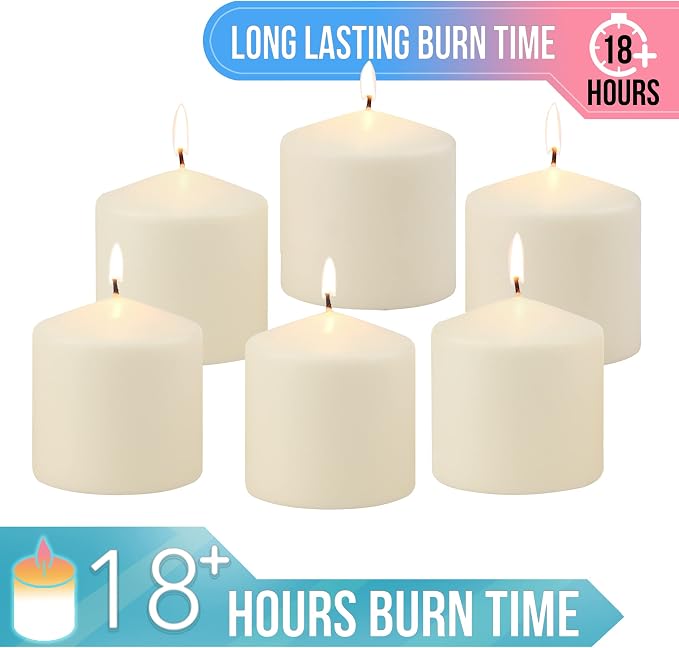 Stonebriar Unscented Pillar Candles – 18 Hour Burn Time, Long-Lasting Wax Candles for Weddings, Holidays, Home Décor & Special Events, Pack of 6, Ivory, 3" x 3"