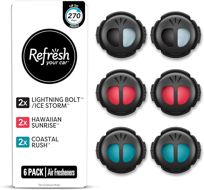 Refresh Your Car Mini Diffuser Car Air Fresheners Variety Pack, Lightning Bolt/Ice Storm, Hawaiian Sunrise, and Coastal Rush Scents, 6 Pack