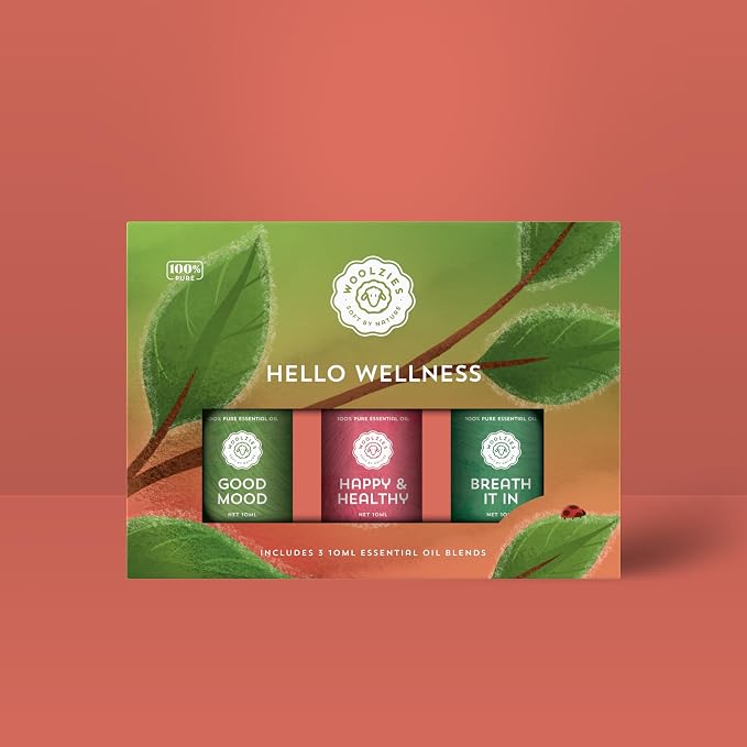 Hello Wellness Essential Oil Set of 3 Pure and Natural Essential Oils for Home, Office, Diffuser | Premium Aromatherapy Blends | Good Mood, Happy & Healthy, Breathe it in