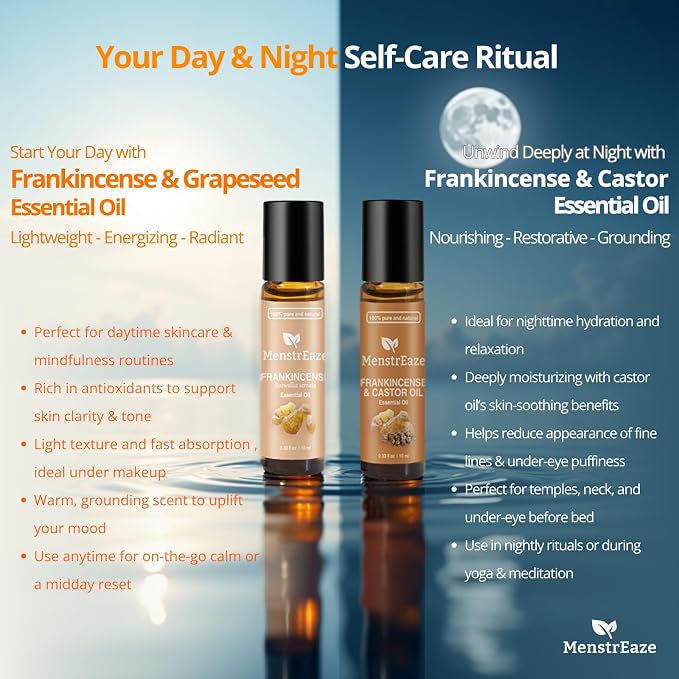 Frankincense and Grapeseed Essential Oil Roll On, Therapeutic Grade Daytime Skincare and Mood Support，100% Pure and Natural Grapeseed Oil & Frankincense for Face, Skin, Aging, Fine lines, Relax, 10 ml