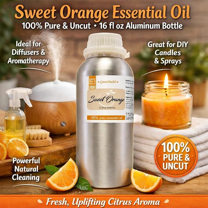 Sweet Orange Essential Oil – 16 fl oz (473 ml) Aluminum Bottle w/Plug Cap – 100% Pure Essential Oil – GreenHealth