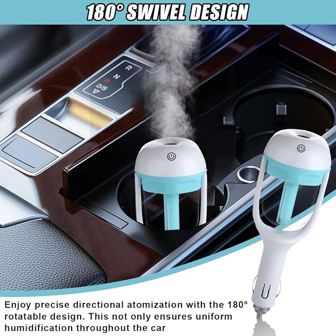 Car Humidifier, Portable Mini Aromatherapy Essential Oil Diffuser, 180-Degree Rotation Cool Mist Humidifier, Vehicle Air Freshener Diffuser with 12V Charging Port for Home Office (Blue)