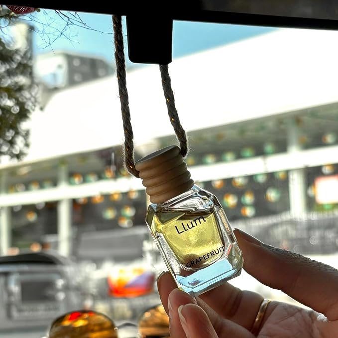 Llum Grapefruit Hanging Car Air Freshener – Luxury Automotive Perfume Diffuser 10ml (0.34 fl oz), Long-Lasting Fragrance, Alcohol-Free Non-Toxic Car Scent, Glass Bottle With Wood Cap & AC Vent Clip