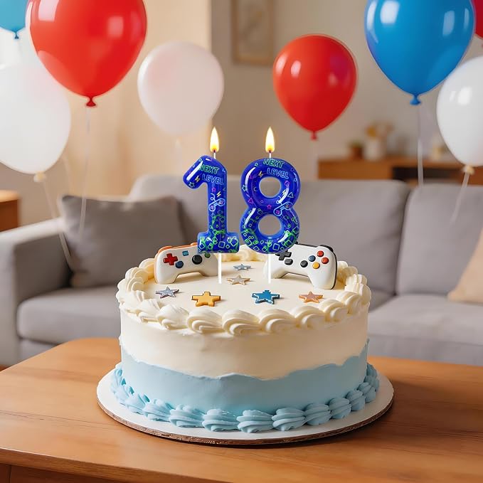 Number 8 Birthday Candle for Cake – Blue Gaming Theme Number Candle with “Next Level” Design, Video Game Style Cake Topper for Anniversary & Celebration