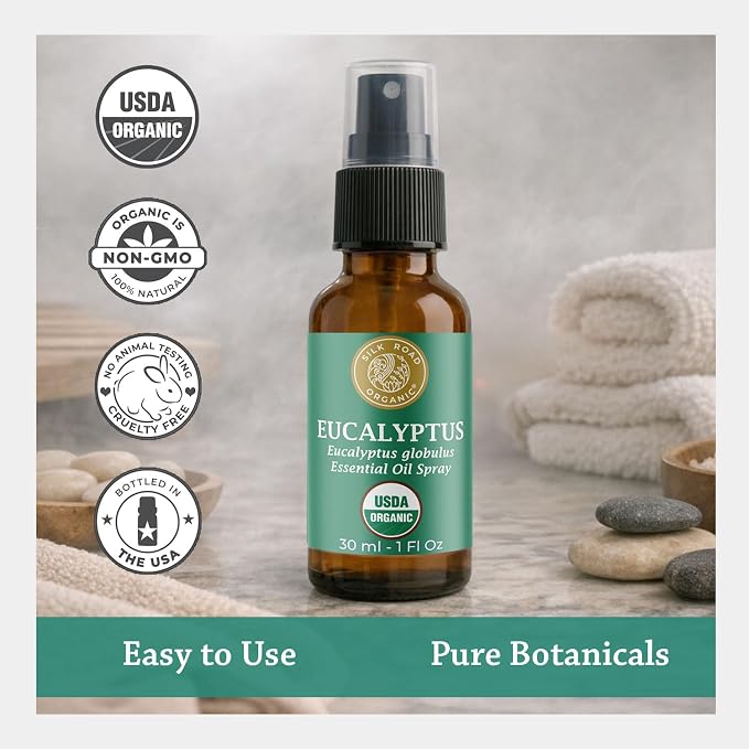 Silk Road Organic Eucalyptus Essential Oil Spray, 100% Pure USDA Certified Aromatherapy - Congestion, Colds, Cough, Sinus, Allergies & Skin Care – 1 Oz Spray