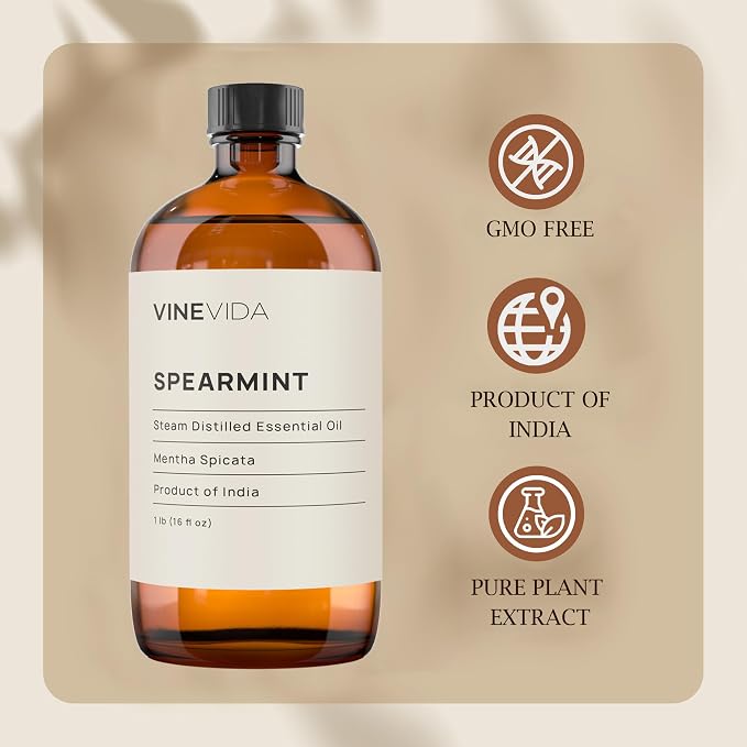 VINEVIDA Spearmint Essential Oil - 16 oz - Undiluted - DIY Candle Scents - Bulk for Soap Making & Skin Safe