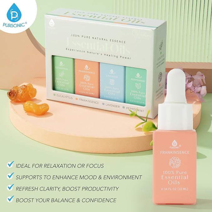 Natural Healing Power Essential Oils 100% Pure with Eucalyptus, Frankincense, Lavender, and Peppermint by Pursonic