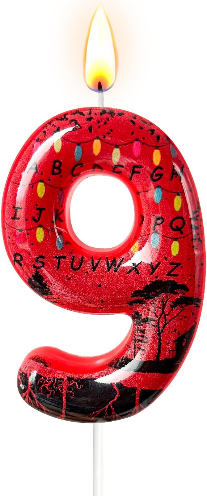 Red Number 9 Birthday Candle for Cake – Dark Horror Style with Alphabet Print & Shadow Design – Unique Cake Topper for Birthday, Anniversary, Themed Party Decoration