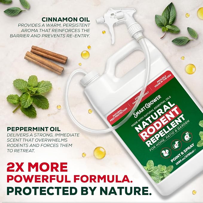 Peppermint Oil Spray for Rodents 128oz with Trigger Sprayer, Maximum Strength Ready to Use Peppermint Spray for Rodent, Mice, Squirrels – Indoor, Outdoor & Car Engine Protection – 128 oz Smart Grower