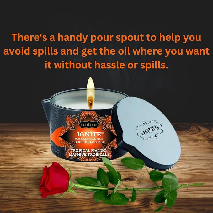 KAMA SUTRA Ignite Massage Candle - Coconut Oil and Soy Based - Tropical Mango Scented, 6 oz Candle Melts into a Warm Massage Oil, Couples Massage, Pour Spout Massage Candle