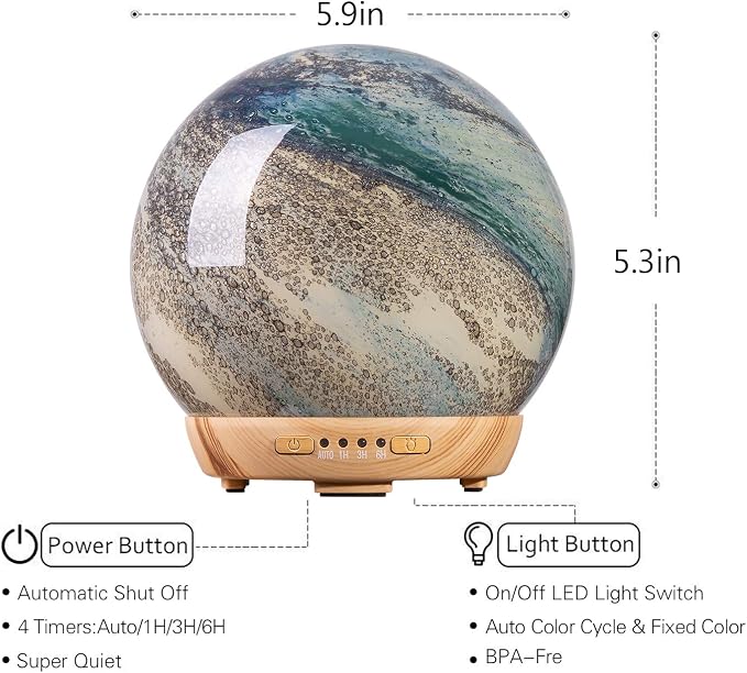 Moon Essential Oil Diffuser, Glass Cool Mist Humidifier with 4 Timer,7 LED Colors and Waterless Auto Shut-Off Settings for Baby Home Office (250ml)