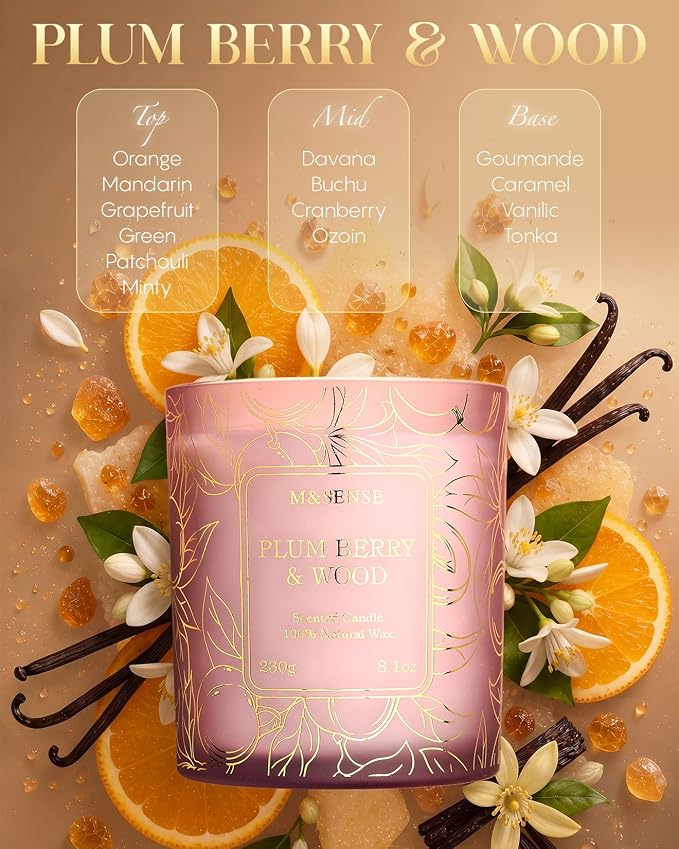 M&SENSE Plum Berries Wooden Scented Candles for Home, 8.1oz Natural Soy Candle No Toxic 42-Hour Long Lasting Burning, Stress Relief Aromatherapy Candle Gifts for Women