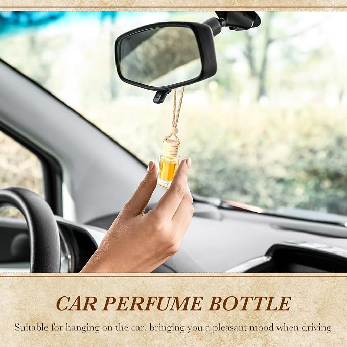 BBTO 120 Pcs Hanging Car Diffuser Bottles Empty Bulk, 8 Styles Empty Glass Air Freshener Bottles with Wooden Cap for Perfume Essential Oils Fragrance Aromatherapy Ornament