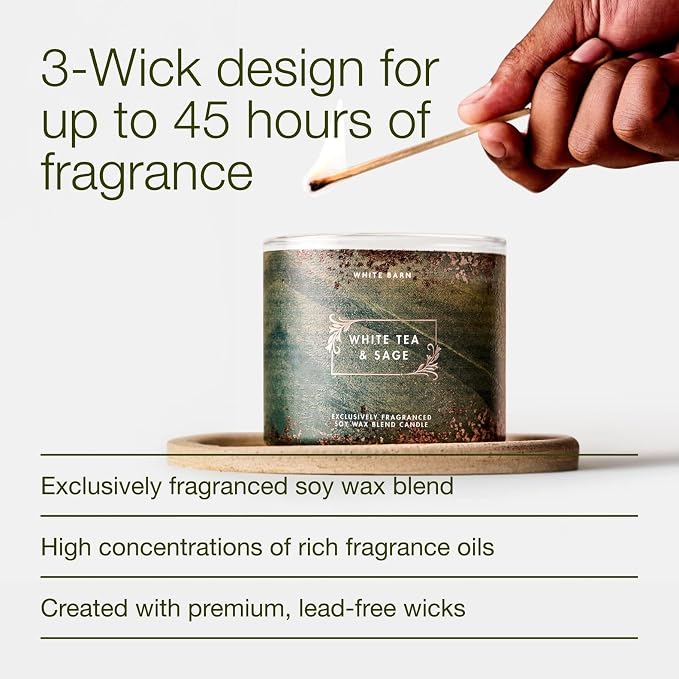 Bath & Body Works White Tea & Sage 3-Wick Candle - Scented Candle for At-Home Use - Long-Lasting, Room-Filling Fragrance - High Fragrance Oil Concentration - Soy Wax Blend