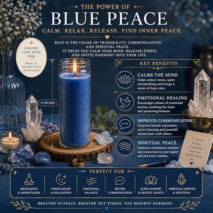 Blue Peace Manifestation Candle Kit – 8" Ritual Prayer Candle with Intention Scrolls, Pencil & QR Guide for Peace, Relaxation, Meditation & Emotional Balance