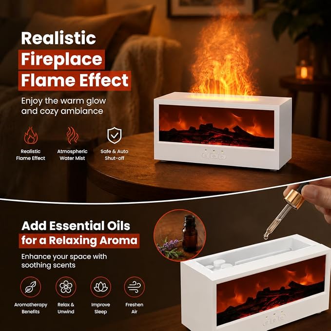 Aegci Fireplace Air Diffuser, Essential Oil Diffuser with 7-Color Flame Light, Ultrasonic Aroma Diffuser & Air Humidifier for Bedroom, Flame Diffuser with Remote Control Timer for Home Office Yoga