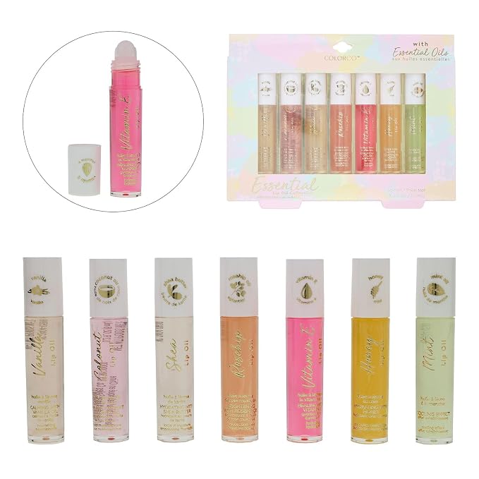 Expressions 7pc Lip Oil Set, Hydrating Roll-On Lip Oils Infused w/Essential Oils - Rollerball, Vitamin-Enriched