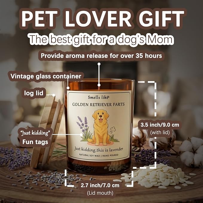 Golden Retriever Gifts & Decor - Scented Candle for Dog Lovers Dog Mom Dad Gift | Smells Like Golden Retriever Farts Candle| Crafted by Natural Soy Wax Lavender Scented Candle Gift for Women Birthday