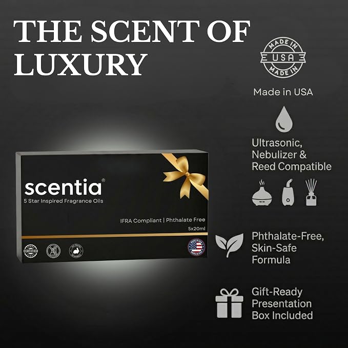 Scentia Luxury Diffuser Essential Oils Set – 5x20ml Discovery Collection, Miami One (Inspired by 1 Hotel Miami, Formerly My Way) Coastal (Formerly Cabana) & White Tea Spa Fragrance