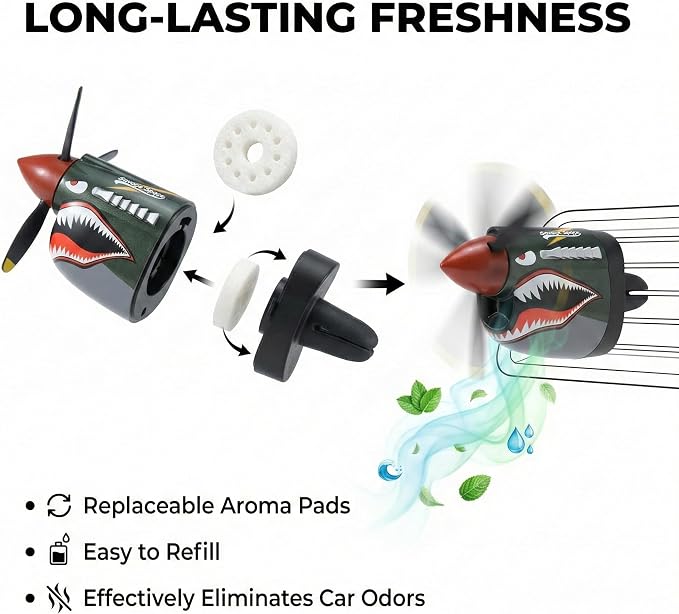 P-40 Warhawk Car Air Freshener with Spinning Propeller - Vent Clip Dashboard Decor for Men, Long Lasting Odor Eliminator & Aviation Gift (Style-B-2PCS)