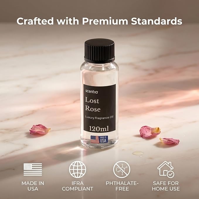 Scentia Lost Rose Diffuser Oil Refill – Hotel Fragrance Oil Inspired by Fairmont – 120 mL – Rose, Oud Wood & Clove Long-Lasting Scent for Ultrasonic & Waterless Diffusers, Made in USA