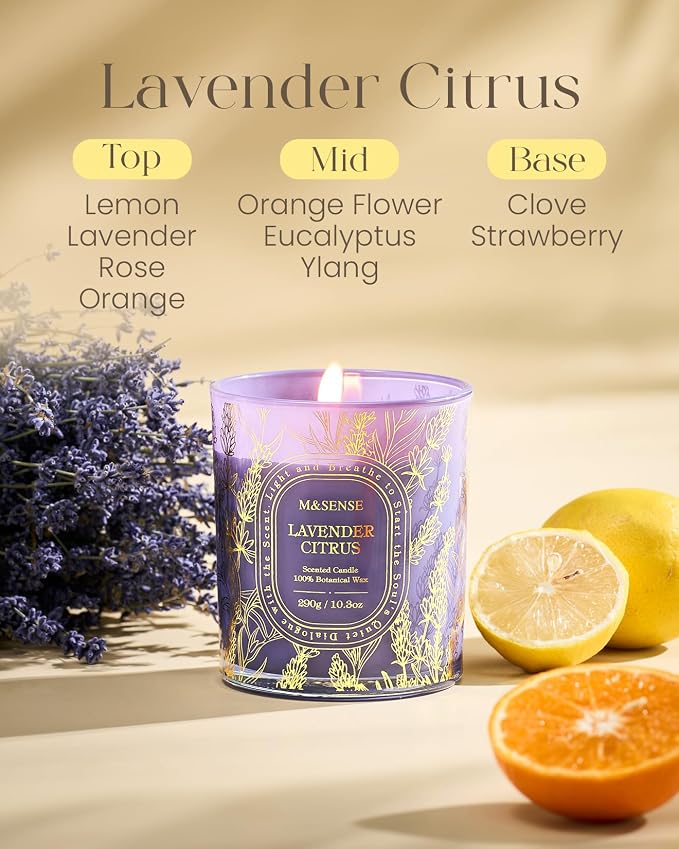 M&SENSE Lavender Citrus Soy Candle, Calm Sleep Relaxation Gift | 55H Clean Soy Wax Slow Burning, Bedtime Ritual For Bathtub, Non-Toxic Nightstand, Reusable Purple Jar